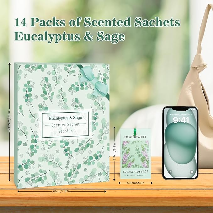 Sachets for Drawers and Closets, Eucalyptus Sage Sachets Bags, Pack of 14, Home Fragrance Sachet for Wardrobe, Closet, Drawer